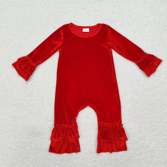 Baby Girls Red Velvet Romper With Ruffle