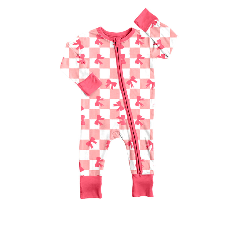 Baby Girls Pink Bow Checker Zipper Romper Preorder