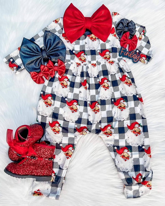 LR1313 Baby Girls Christmas Santa Black Checker Romper Preorder