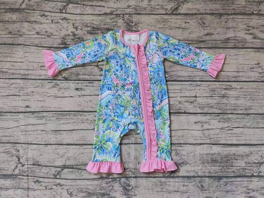 LR1339 Newborn Baby Girls Floral Long Sleeve Zipper Romper Pre-order