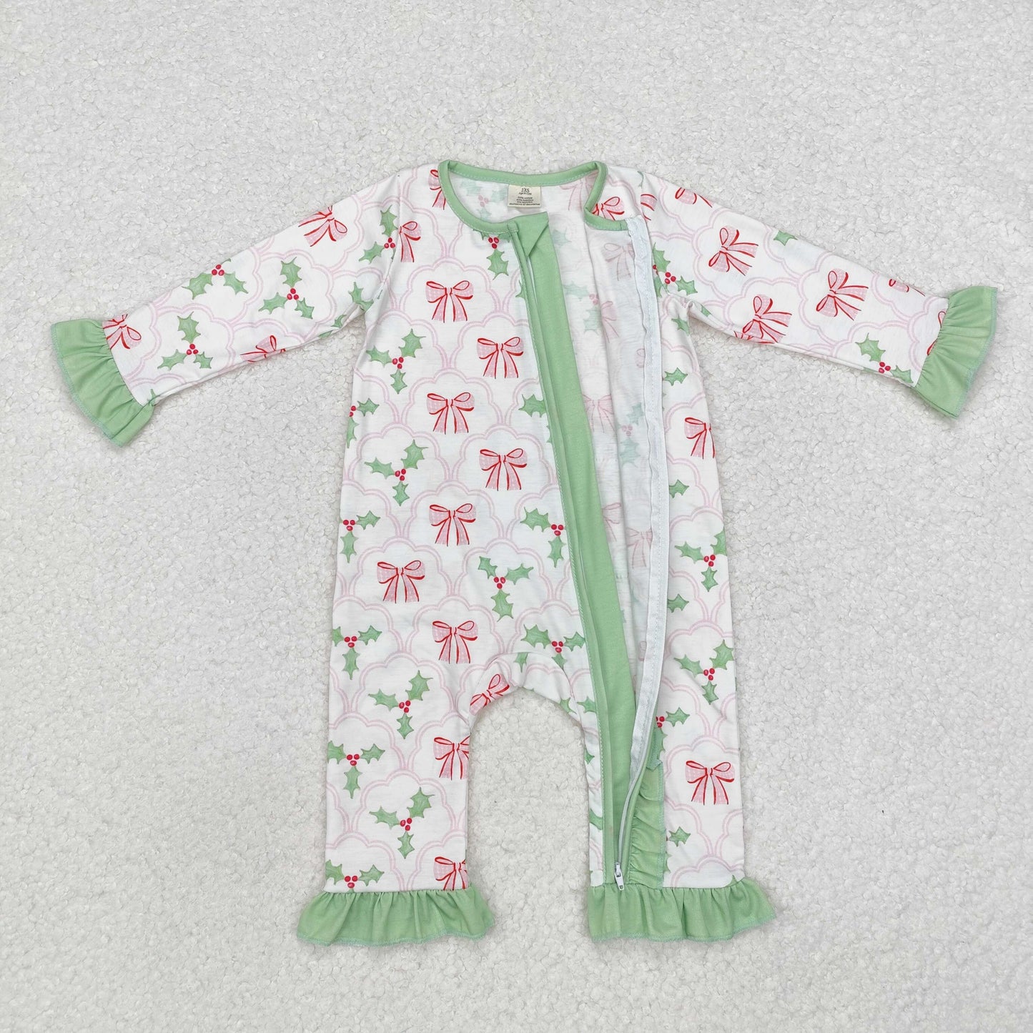 Baby Girls Christmas Holly Bow Zipper Bamboo Romper