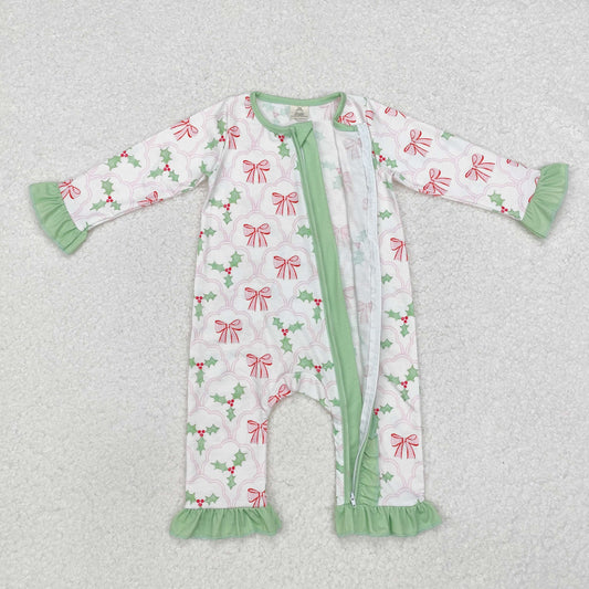 Baby Girls Christmas Holly Bow Zipper Bamboo Romper