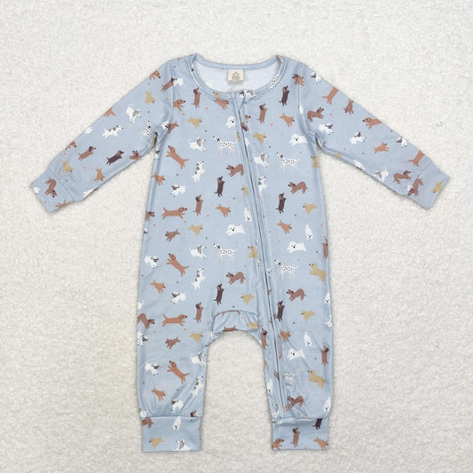 LR1351 Baby Boys Cute Dog Zipper Bamboo Romper