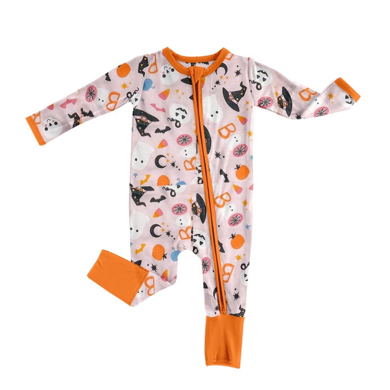 LR1356Baby Girls Halloween Pumpkin Zipper Romper Preorder