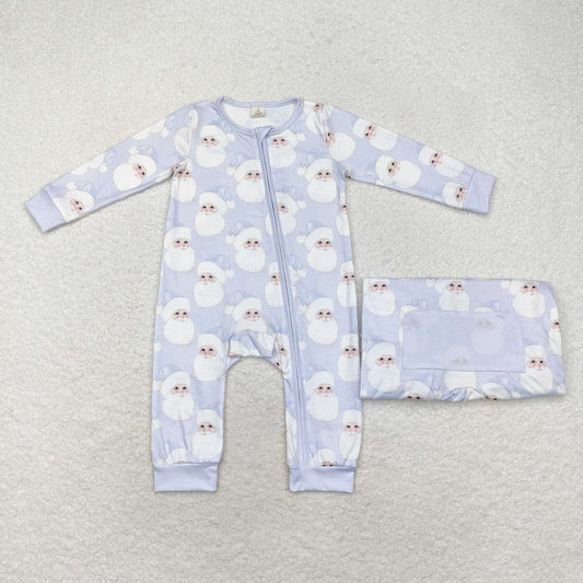 LR1415 Newborn Baby Boys Christmas Santa Blue Zip Bamboo Romper