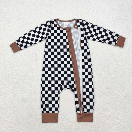 Baby Boys Black Checker Long Sleeve Zipper Romper