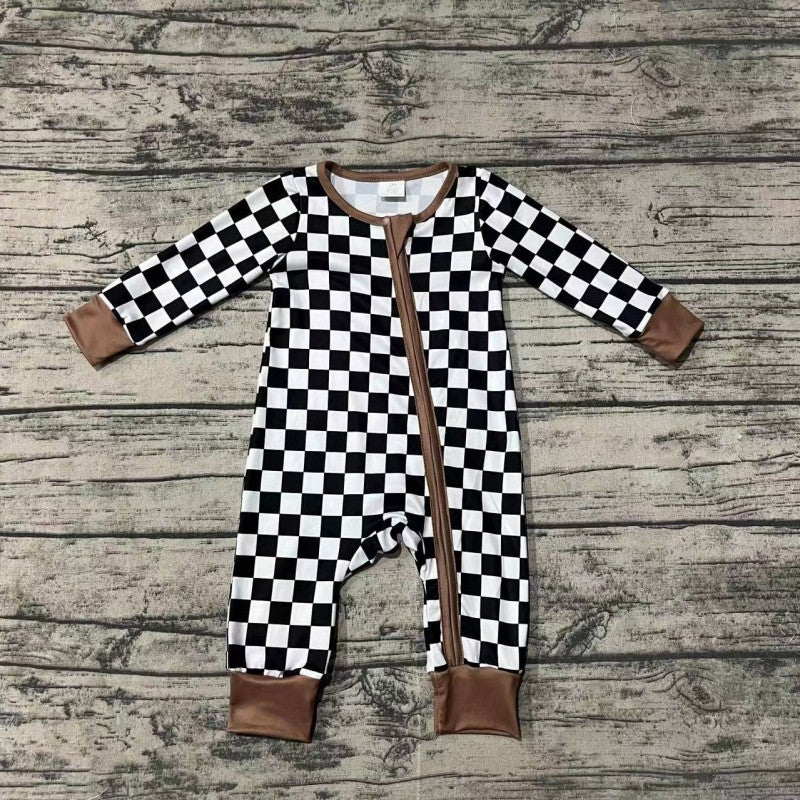 Baby Boys Black Checker Long Sleeve Zipper Romper