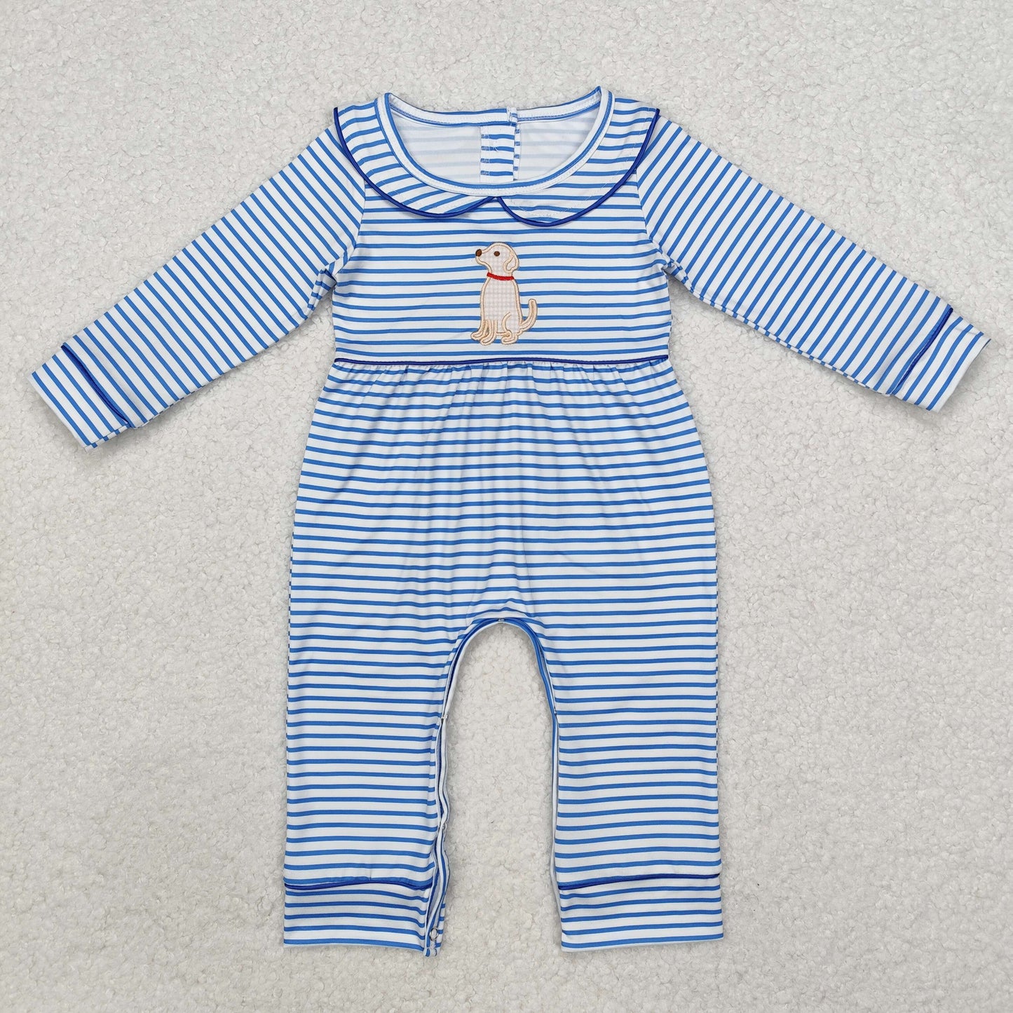 Baby Girls Boys Sibling  Embroidery  Dog Blue Striped Matching Clothing