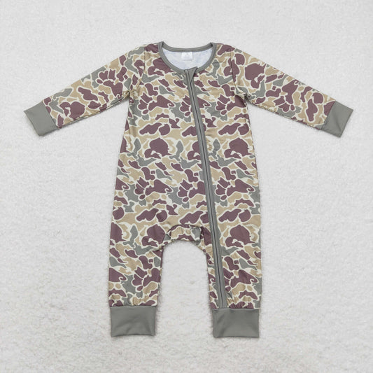 LR1451 Baby Boys Green Camo Long Sleeve Zipper Bamboo Romper