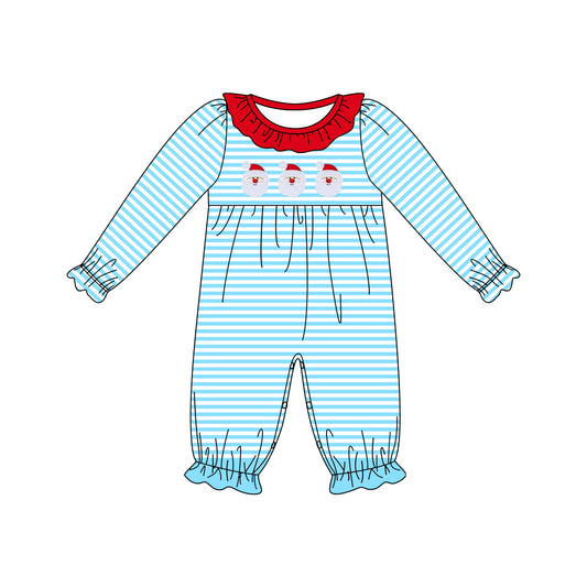 LR1474 Baby Girls Christmas Santa Blue Striped Long Sleeve Romper Preorder