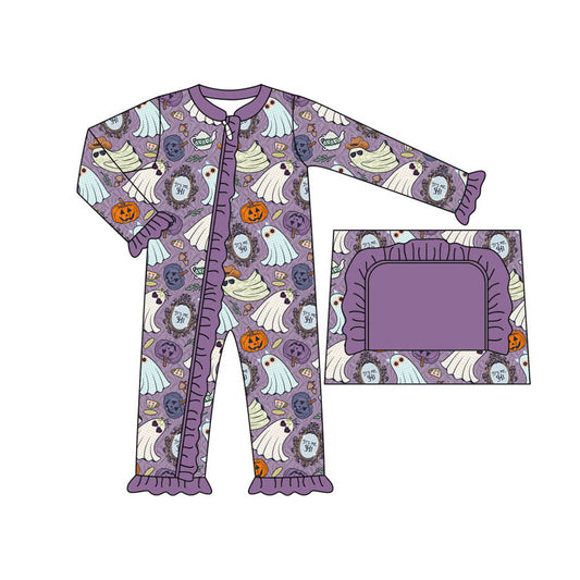 LR1486 Baby Girls Halloween Ghost Purple Zip Romper Pre-order