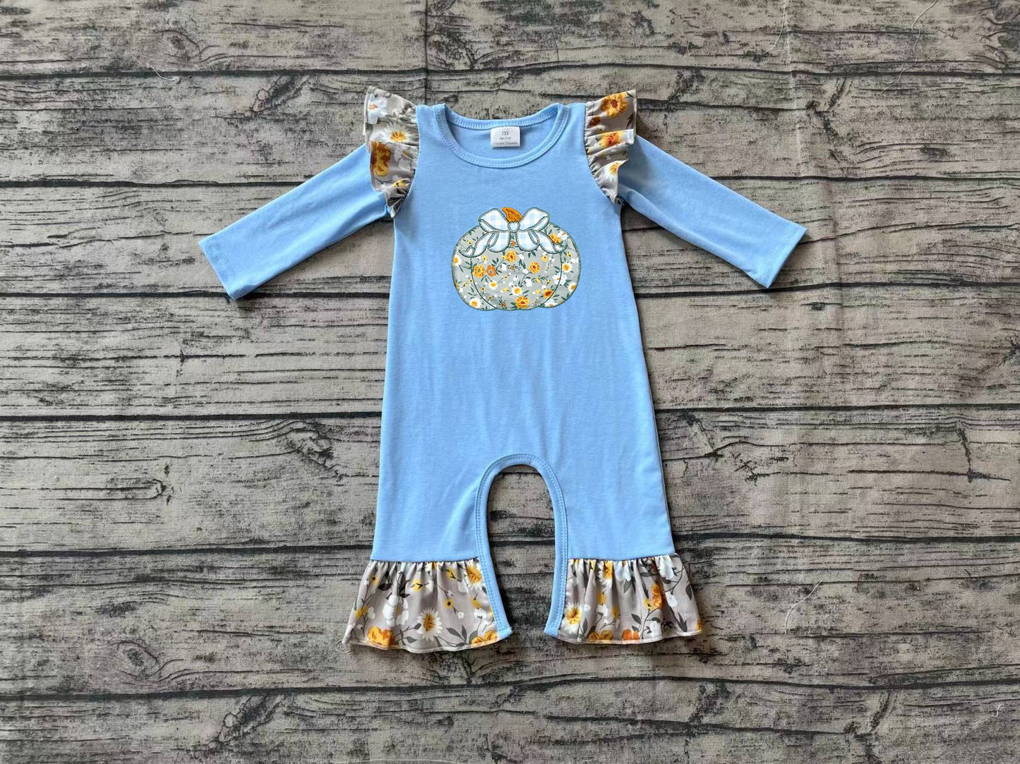 LR1529 Newborn Baby Girls Floral Pumpkin Blue Romper Preorder