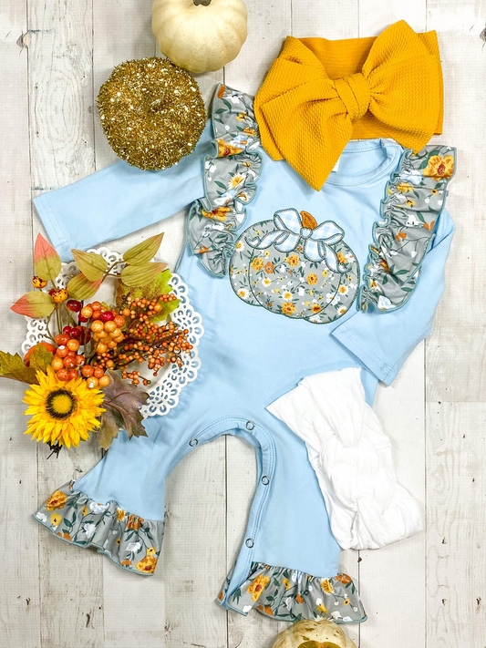 LR1529 Newborn Baby Girls Floral Pumpkin Blue Romper Preorder