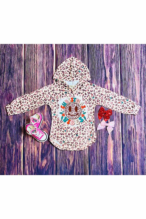 LLR1546 Baby Girls Christmas Vibes Leoaprd Hoodie Romper Pre-order