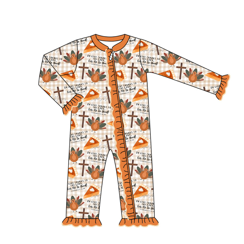 Baby Girls Thanksgiving Turkey Long Sleeve Zip Romper Pre-order