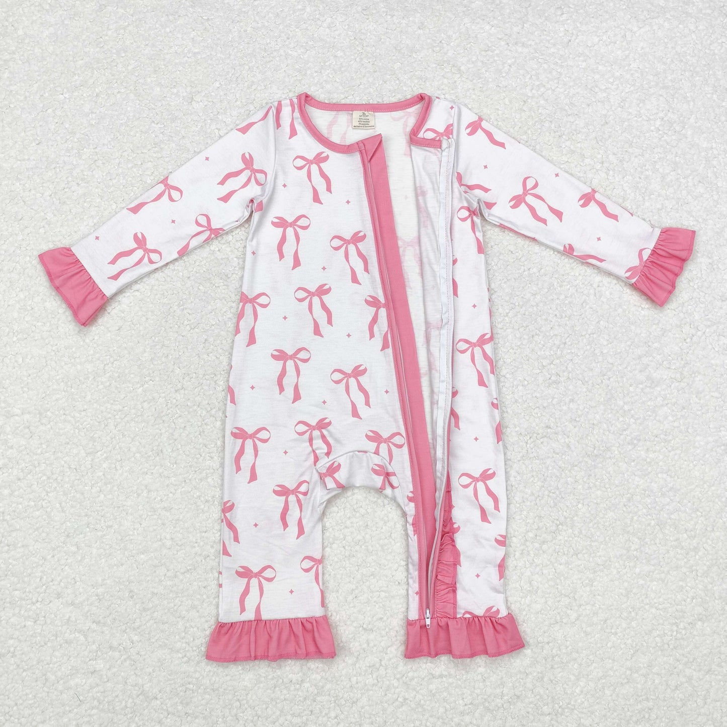 Baby Girls Pink Bow Coquette Long Sleeve Zip Bamboo Romper