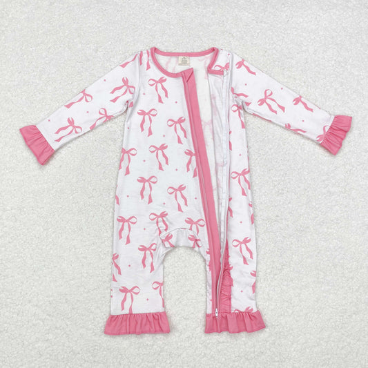 Baby Girls Pink Bow Coquette Long Sleeve Zip Bamboo Romper