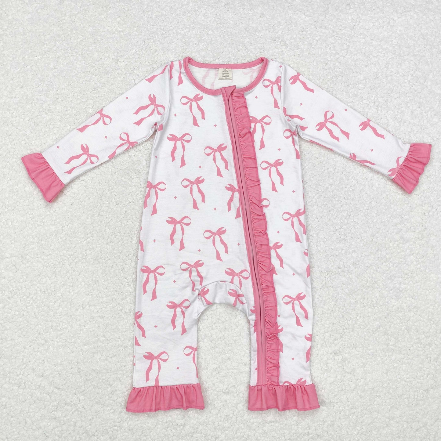 Baby Girls Pink Bow Coquette Long Sleeve Zip Bamboo Romper