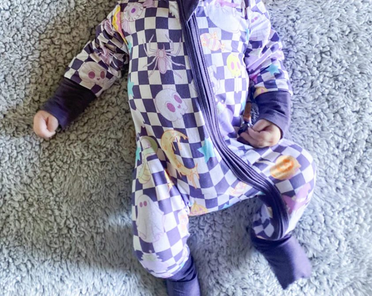 LR1585 Baby Girls Halloween Purple Checker Zip Romper Pre-order