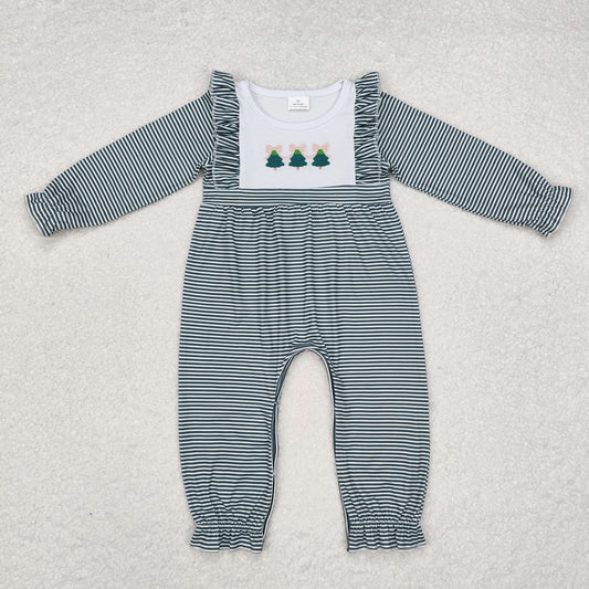 Newborn Baby Girls Christmas Tree Green Striped Long Sleeve Romper