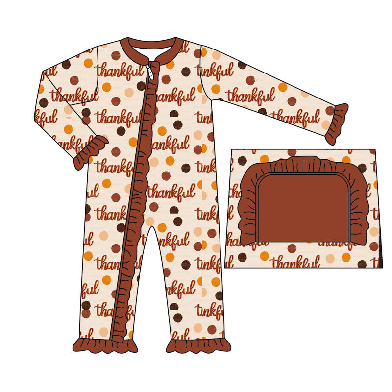 LR1591 Baby Girls Thankful Zip Romper Long Sleeve