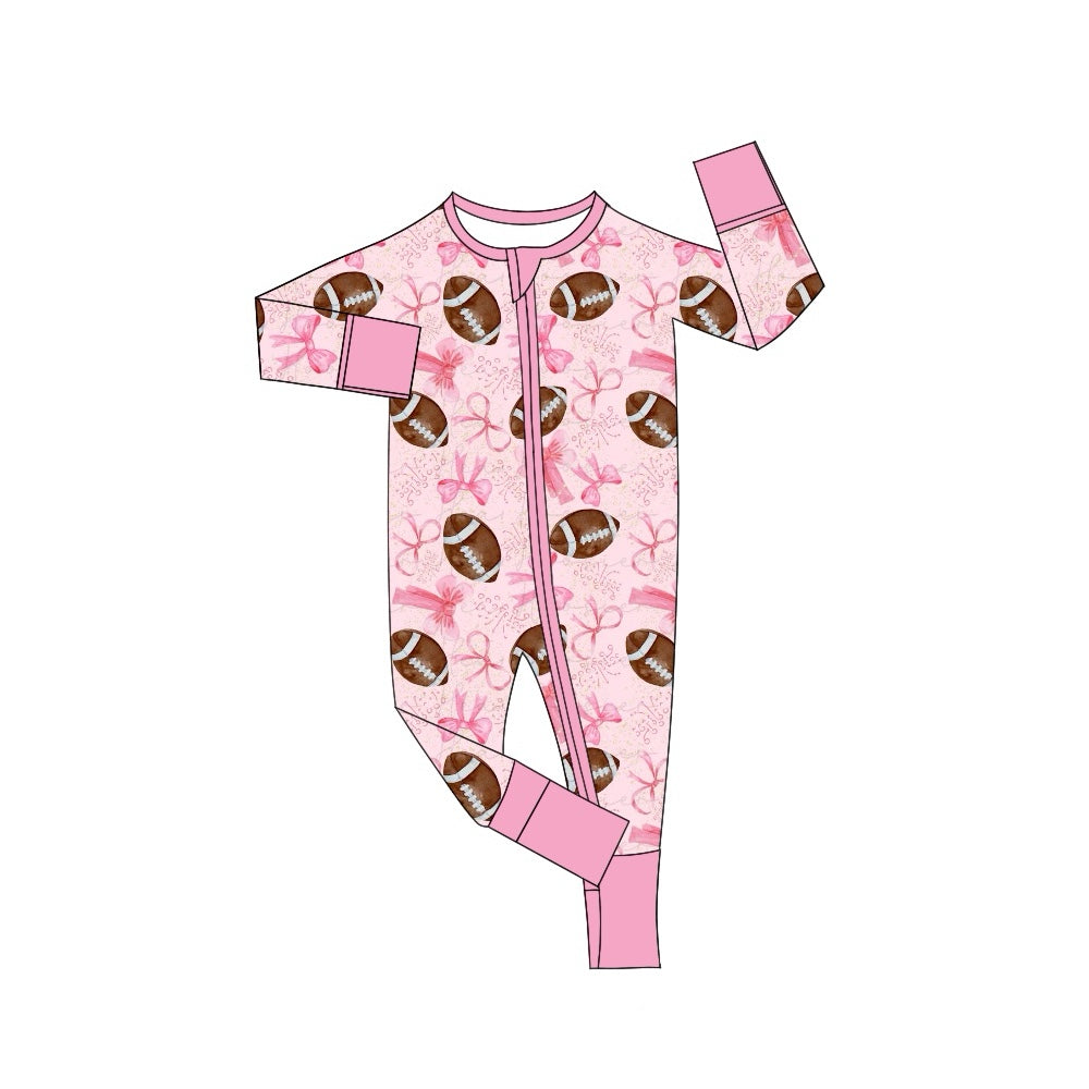 LR1595 Newborn Baby Girls Pink Bow Football Zip Romper Pre-order