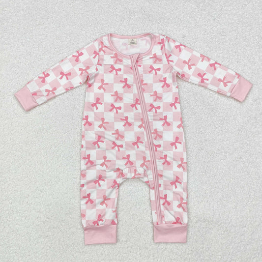 Newborn Baby Girls Bow Pink Checker Bamboo Romper