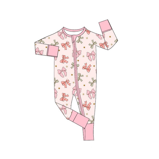 LR1614 Newborn Baby Girls Green Pink Bow Zip Romper Pre-order