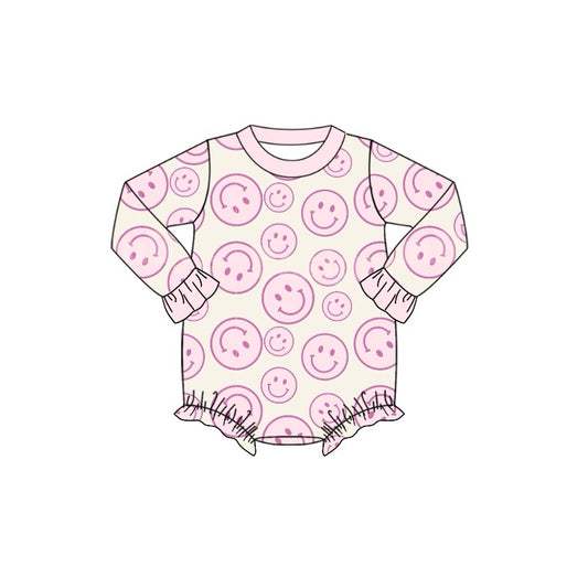 LR1620 Newborn Baby Girls Pink Happy Face Long Sleeve Bubble Romper Pre-order