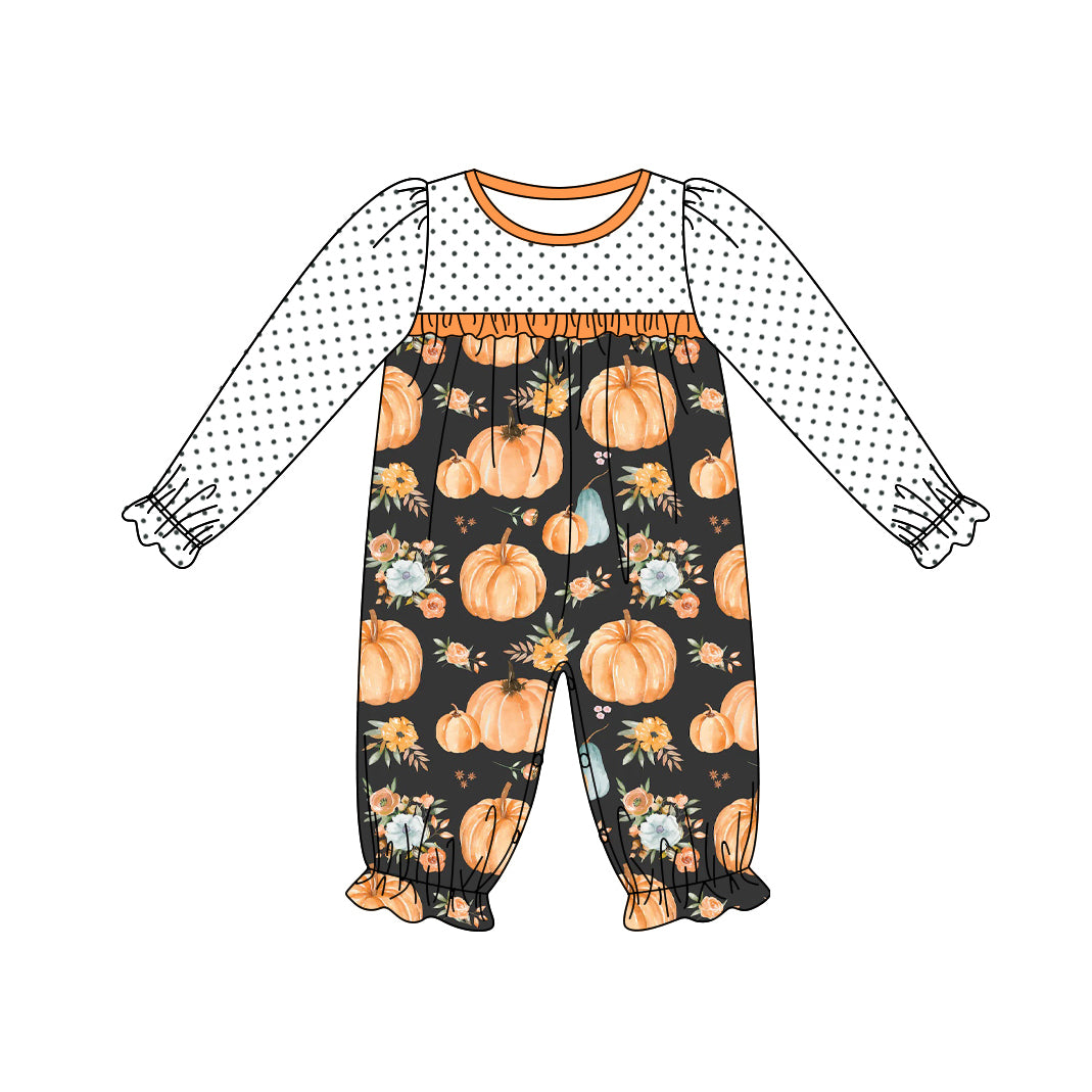 LR1691 Newborn Baby Girls Fall Pumpkin Polka Dot Romper Pre-order