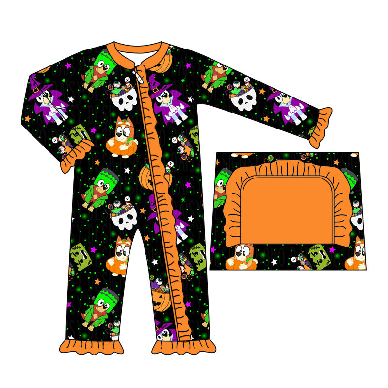 LR1694 Newborn Baby Girls Halloween Cartoon Dog Pumpkin Zip Romper Pre-order