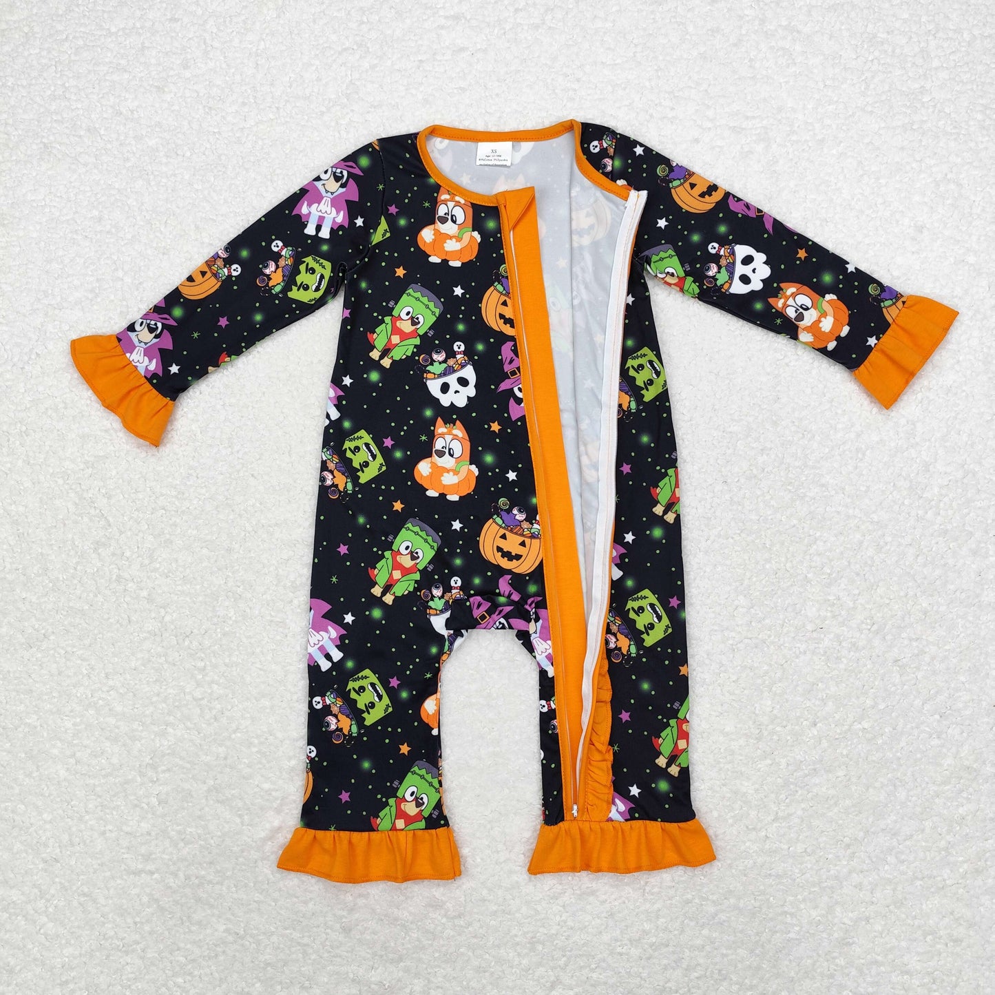 LR1694 Newborn Baby Girls Halloween Cartoon Dog Pumpkin Zip Romper