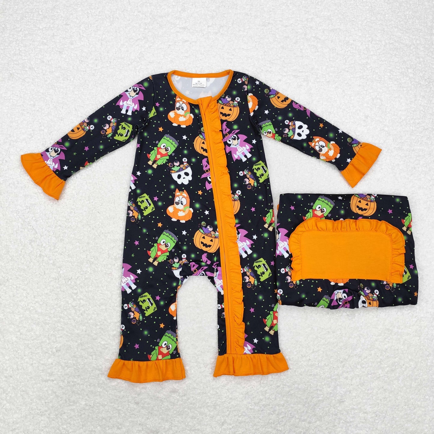 LR1694 Newborn Baby Girls Halloween Cartoon Dog Pumpkin Zip Romper