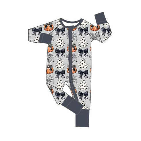 LR1744 Newborn Baby Girls Halloween Pumpkin Ghost Zip Romper Pre-order