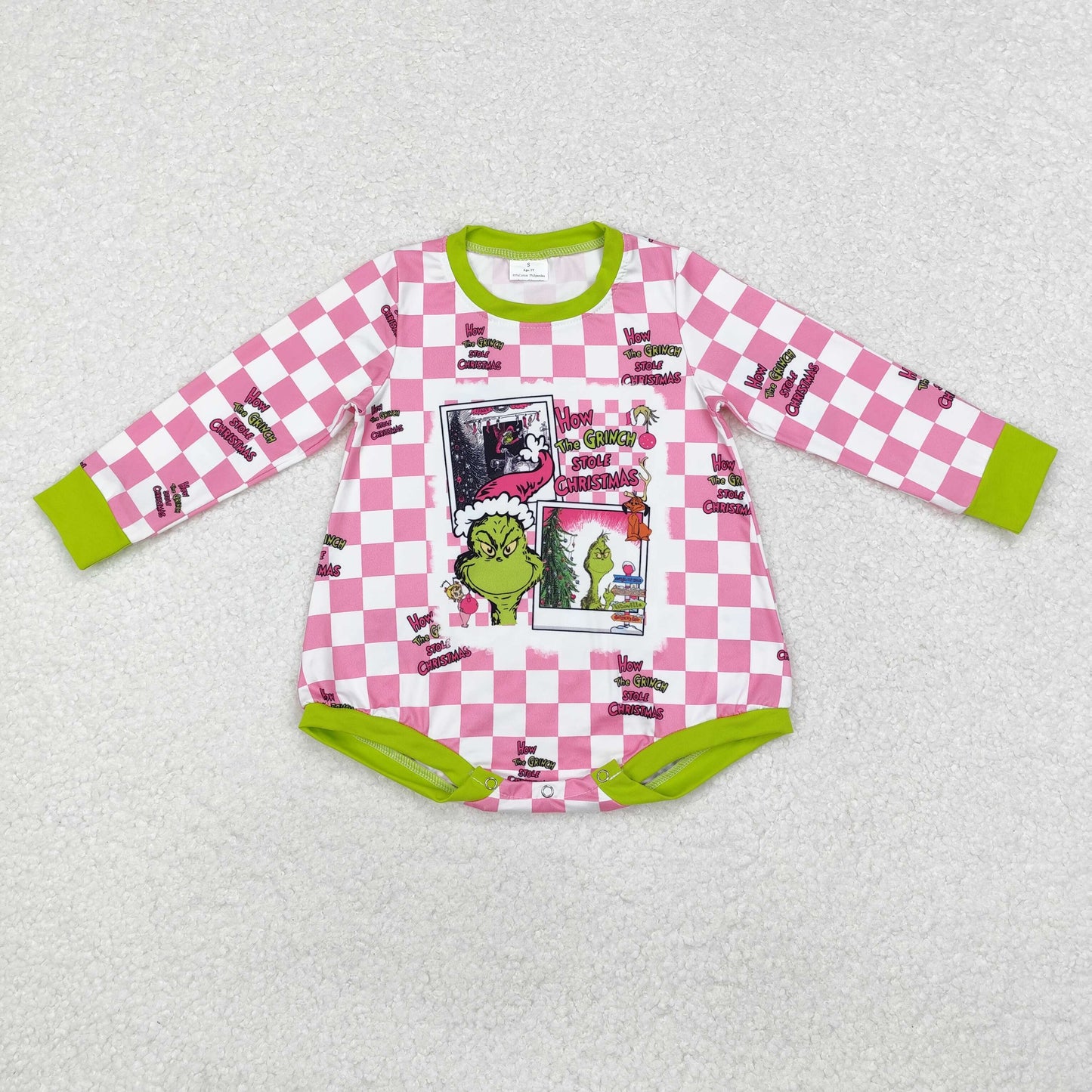 Baby Girls Sister Chrismtas Green Face Pink Checker Top and Romper