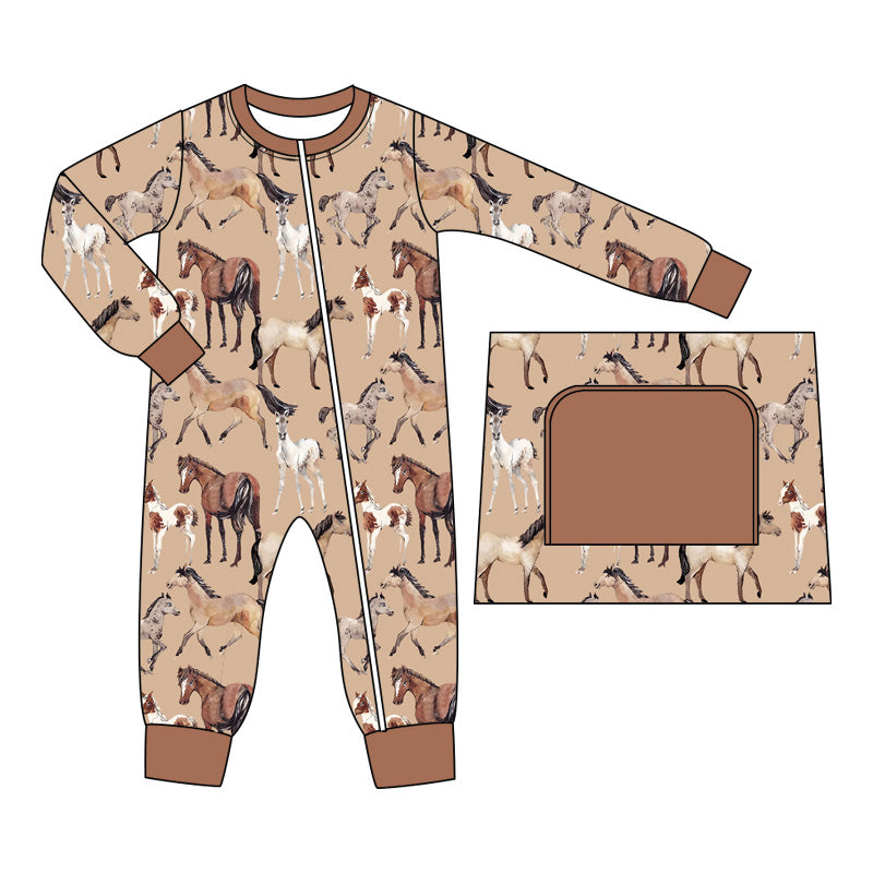 LR1772 Newborn Baby Boys Western Horse Zip Romper Pre-order