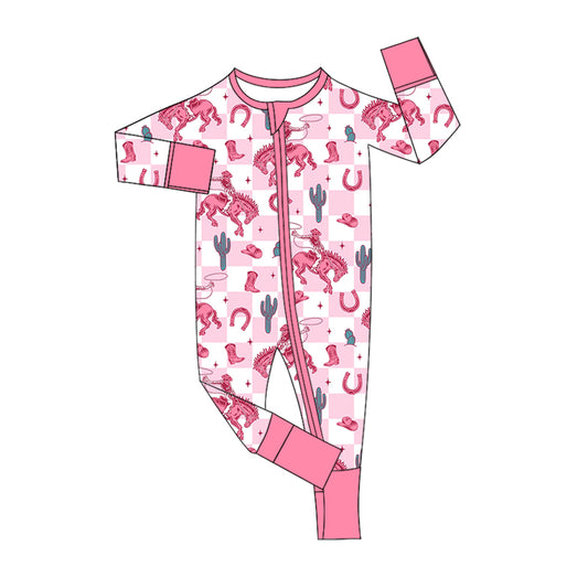 LR1773 Baby Girls Western Rodeo Pink Checker Zip Romper Pre-order