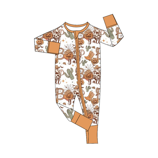 LR1778 Newborn Baby Boys Halloween Western Pumpkin Zip Romper Pre-order