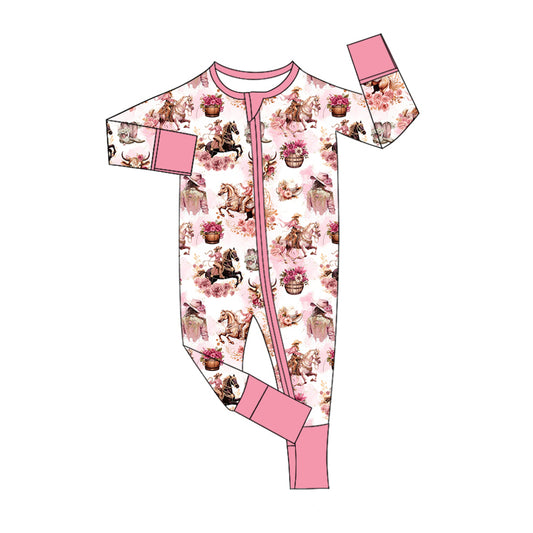 Newborn Baby Girls Horse Cowgirl Zip Romper Preorder