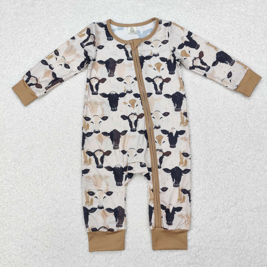 Newborn Baby Boys Cow Long Sleeve Zip Bamboo  Romper