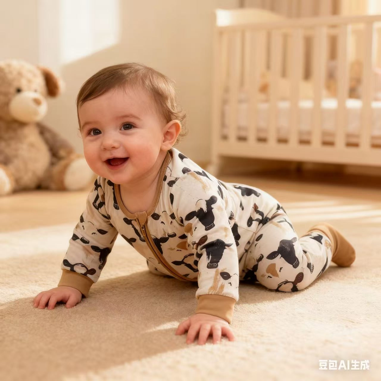 Sibling Baby Boys Western Cows Long Sleeve Pajama Ser /Zipper Romper