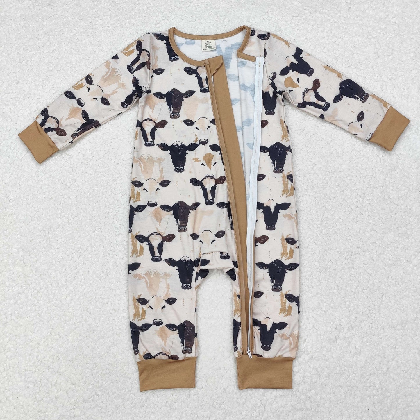 Newborn Baby Boys Cow Long Sleeve Zip Bamboo  Romper