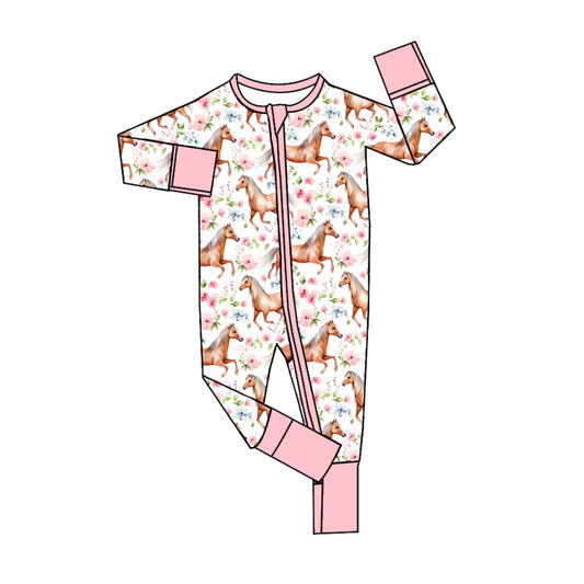 LR1808 Newborn Baby Girls Horse Flower Zip Romper Pre-order