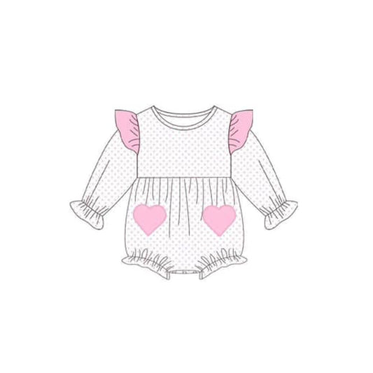 LR1831 Newborn Baby Girls Pink Heart Polka Dot Long Sleeve Bubble Romper Pre-order