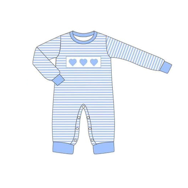 LR1832 Newborn Baby Boys Blue Heart Striped Long Sleeve Romper Pre-order