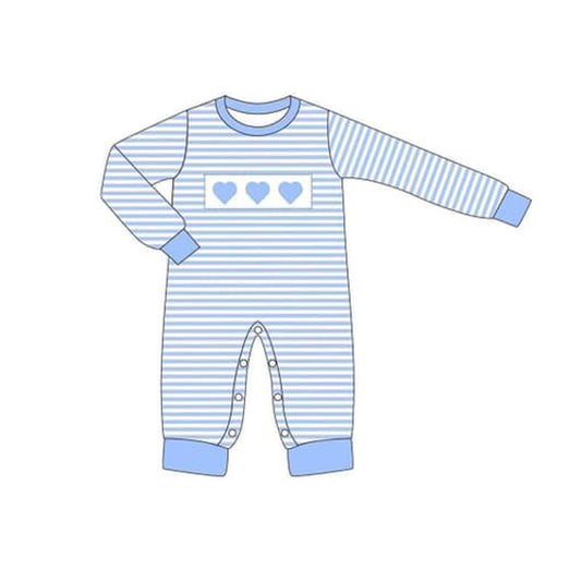 LR1832 Newborn Baby Boys Blue Heart Striped Long Sleeve Romper Pre-order