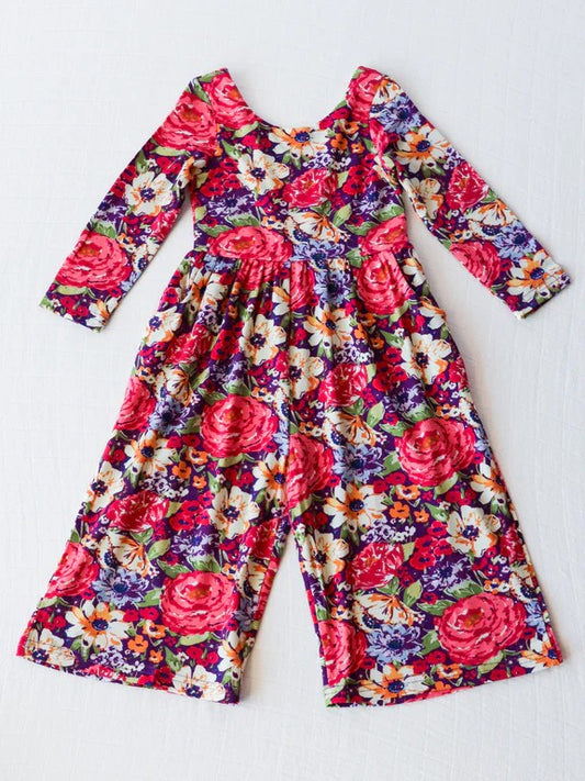 LR1835 Baby Girls  Red  Floral Long Sleeve Jumpsuit  Pre-order