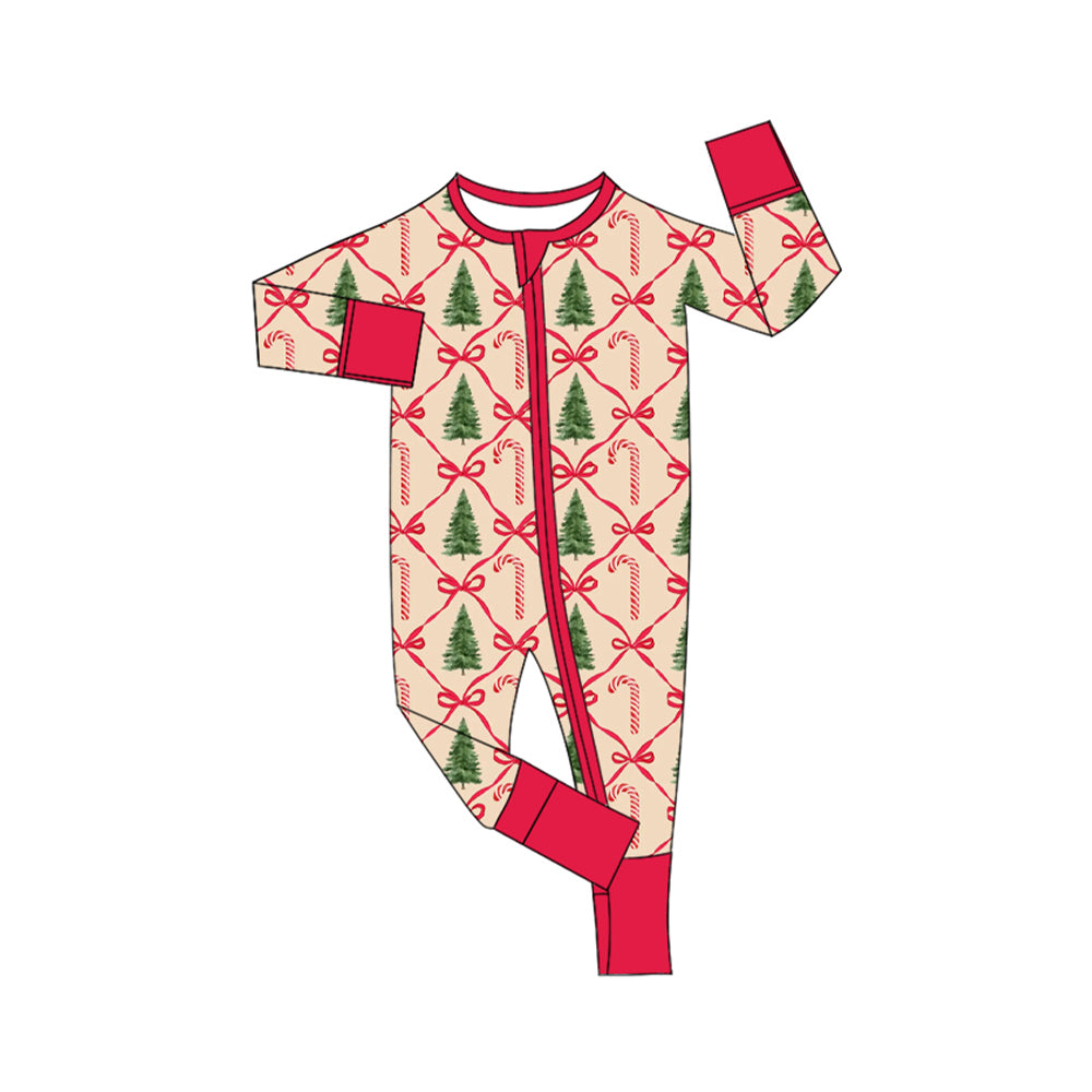 LR1872 Baby Girls Chrismtas Tree Candy Cane Long Sleeve Zip Romper Pre-order