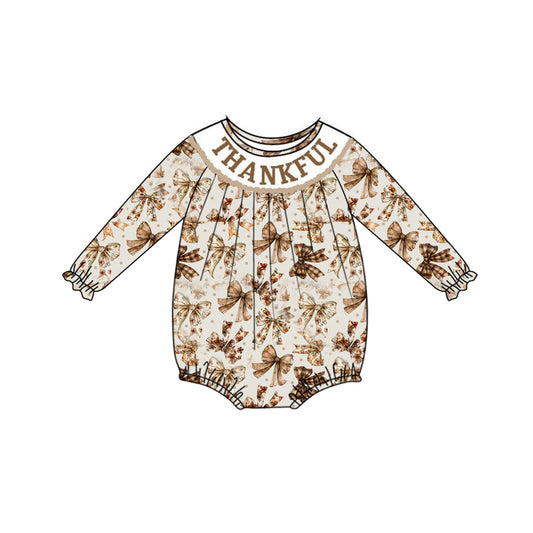 Baby Girls Thankful Brown Bow Long Sleeve Bubble Romper Pre-order