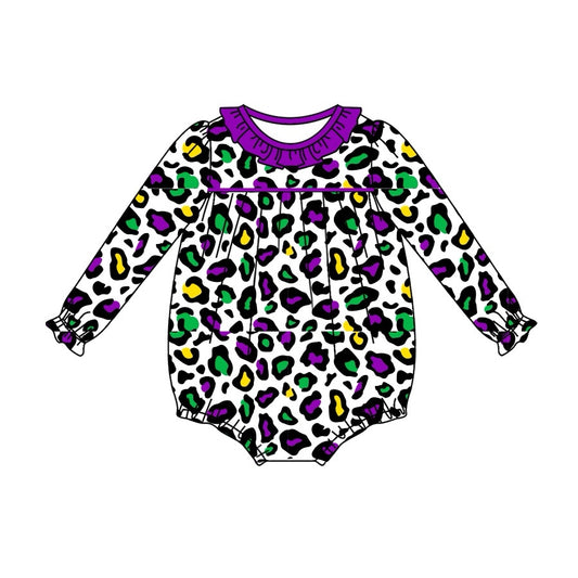 LR2046 Newborn Baby Girls Mard Gras Leopard Romper Preorder
